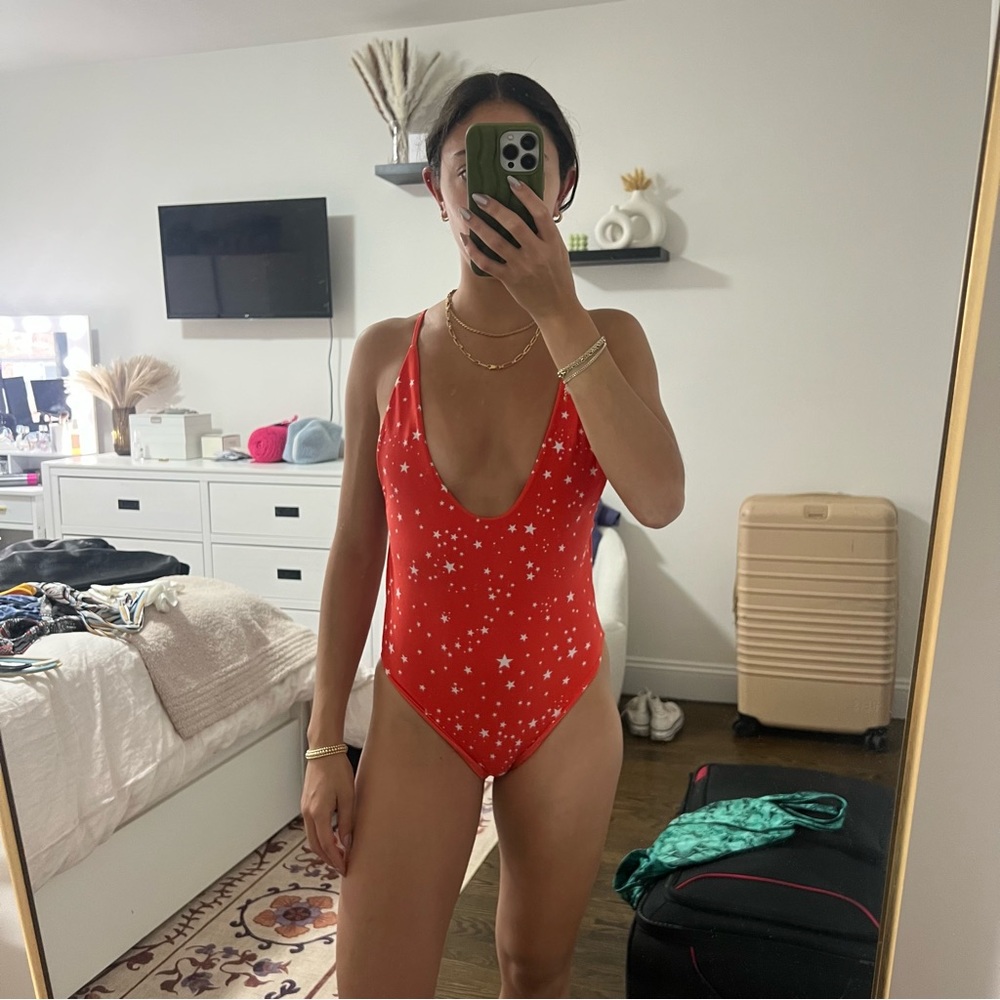 Red and white star one piece bathing suit